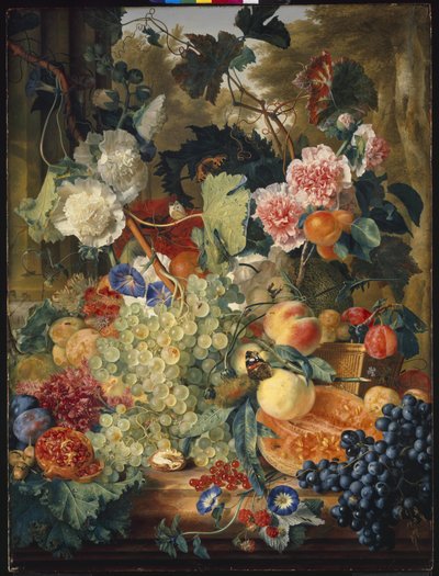 Still Life of Flowers and Fruit on a Marble Slab by Jan van Huysum